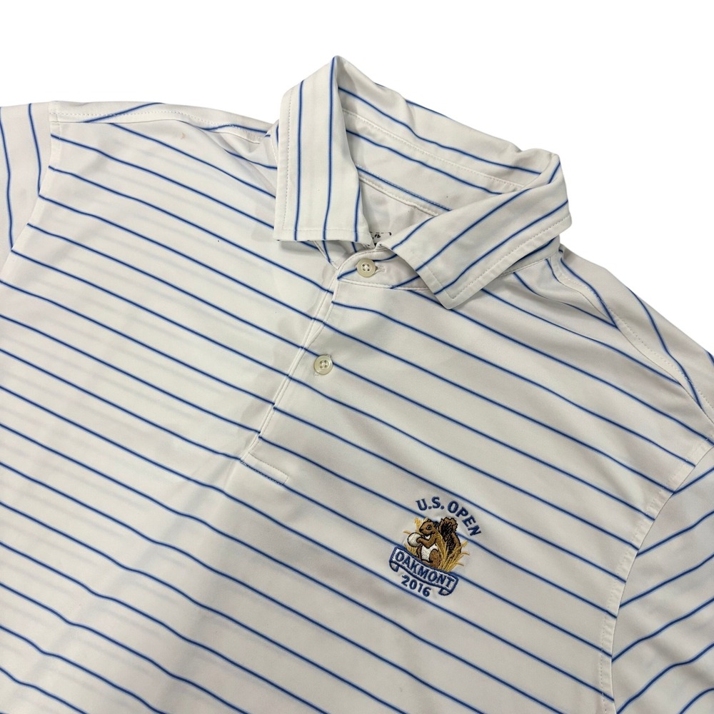 FG TECH Polo Shirt Mens Medium White Blue Stripe US Open Oakmont 2016 Golf